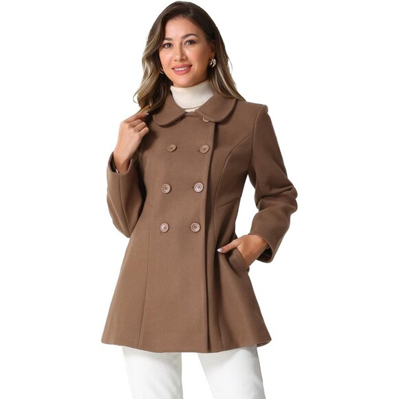 Women's : Coffee Medium Winter Peter Pan Collar Double Breasted Long Pea Coat - Picture 1 of 5